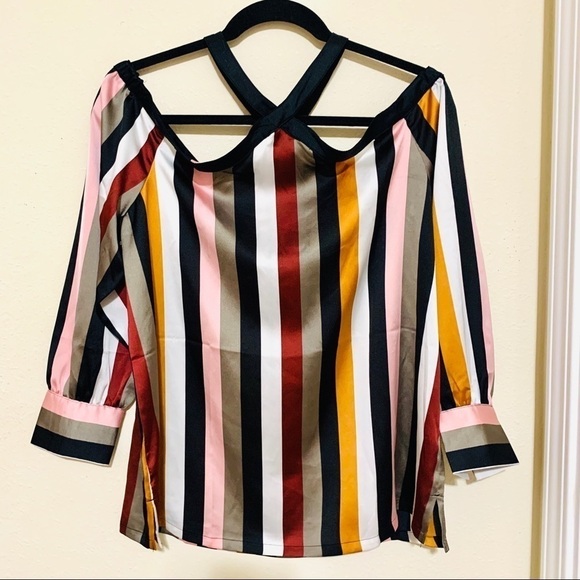 LOFT•Striped off shoulder halter neck silky blouse - Picture 4 of 6